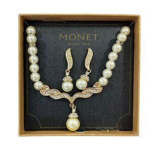 Monet Simulated Pearl and Crystal Necklace & Earring Set Vintage in Original Box